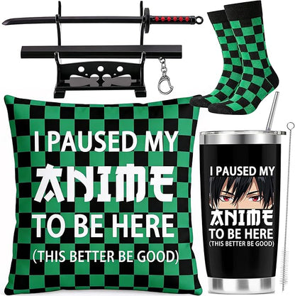 Anime Lover Gift Set Includes 20 Oz Tumbler, Throw Pillow Cover, Socks, Demon Katana Sword, I Paused My Anime To Be Here Gifts Set, Demon Merch Gifts for Boys Girls