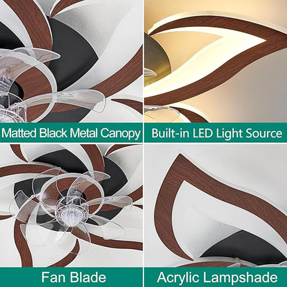 24" Wood Geometric Ceiling Fan with Lights Remote Control, Low Profile Ceiling Fan with Light for Kitchen Bedroom Living Room