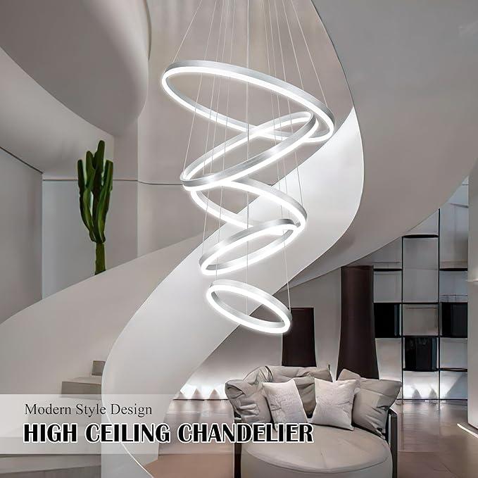 5 Rings Pendant Lights Modern Nickel Led Chandelier Nickel Modern Led Pendant Light Dimmable Height Adjustable Chandeliers for Dining Room Bedroom Entryway Living Room Foyer (3000K-6000K)