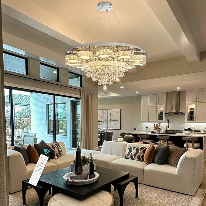 HAIXIANG Chandelier for Living Room Dining Room Modern LED Light Chandeliers Fixtures Remote Dimmbale Lighting Silver Crystal Lights