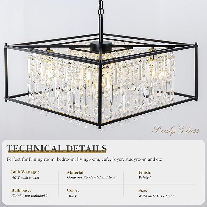 Miuyhji Black Chandeliers for Dining Room, Black Square Lndustrial Chandelier Crystal Pendant Light for Kitchen Island Dining Room Living Room Flat and Inclined Ceiling,L24 x W24 x H17.5