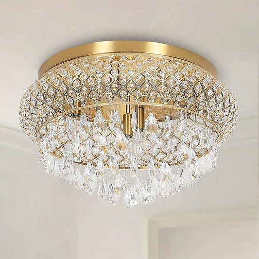 Maxax 19.5'' Crystal Brass Chandelier, 5-Light Large Vintage Farmhouse Ceiling Light Fixture, Drum Raindrop Metal Shade, French Empire, for Living Room Bedroom Dining Room Kitchen Entryway
