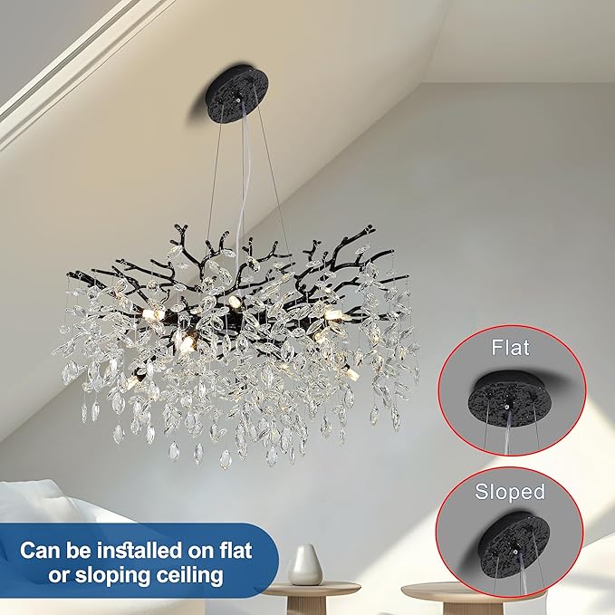 Modern Crystal Tree Branches Chandelier, 30in Black 10 Lights Large Ceiling Hanging Light for Dining Room, Round Raindrop Pendant Light Fixture