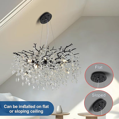 Modern Crystal Tree Branches Chandelier, 30in Black 10 Lights Large Ceiling Hanging Light for Dining Room, Round Raindrop Pendant Light Fixture