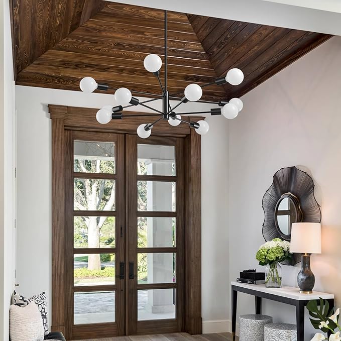 RUIYEY Modern Sputnik Chandeliers Light, 12-Light Black Chandeliers for Dining Room, E26 Height Adjustable Chandelier Ceiling Lighting Fixture for Farmhouse Kitchen Island Living Room Foyer