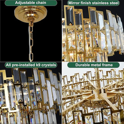 Crystal Chandelier Plated Gold Modern Round Chandeliers for Dining Room Bedroom Kitchen Entryway Chandelier Contemporary Pendant Ceiling Light Fixture Hanging W24.4 10-Light 3-Tier