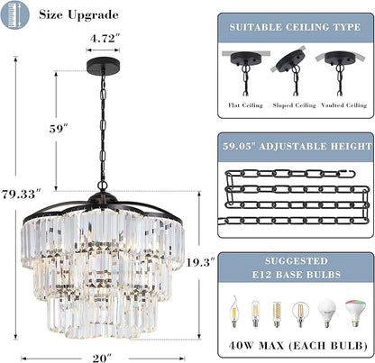 Black Crystal Chandelier - 3 Tiered Adjustable Modern Pendant Light for Dining Room Foyer Living Room Bedroom Kitchen Entryway (6 Lights)