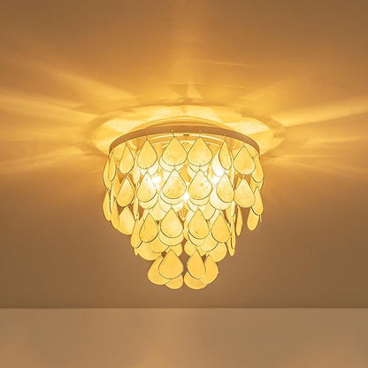 3-Light Teardrop Capiz Shell Ceiling Light, Coastal Design Flushmount Close to Ceiling Light for Kitchen, Dining Room & Bedroom, D11 * H11 inch, Silver Finish