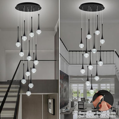 Modern Black Crystal Chandelier for High Ceiling 12-Lights, 120 Inches Luxury Spiral Dimmable LED Bubble Raindrop Pendant Lighting Fixture for Staircase Foyer Entryway Living Room
