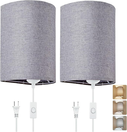 Wall Sconces Set of 2, Plug in Wall Sconces with On/Off Switch, 3-Color Selectable (3000K/4000K/6000K), Fabric Linen Lamp Shades, No Wiring Required, Ideal for Bedroom, Living Room, and Porch (Grey)