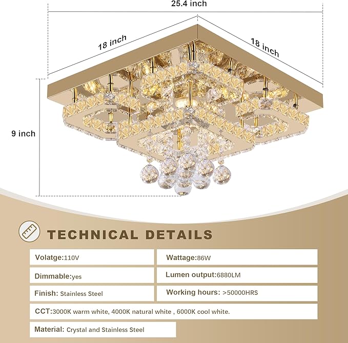 18 inch Flush Mount Chandelier Crystal Ceiling Light with Remote Control/APP, 3CCT Dimmable&Brightness Adjustable, Modern Crystal Raindrop Gold Chandeliers for Bedroom Hallway Dinning Room Living Room
