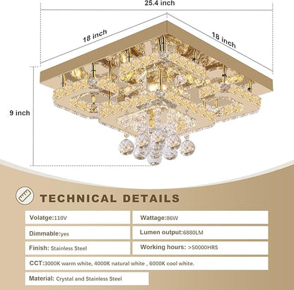 18 inch Flush Mount Chandelier Crystal Ceiling Light with Remote Control/APP, 3CCT Dimmable&Brightness Adjustable, Modern Crystal Raindrop Gold Chandeliers for Bedroom Hallway Dinning Room Living Room