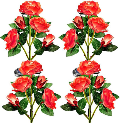 Anordsem Solar Garden Lights Outdoor: 20 Waterproof Fabric Roses 4 Pack - Red LED Flower Decorations for Yard Patio Path Cemetery Grave - Birthday Gifts for Women Mom Wife