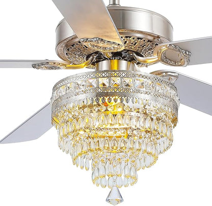 Asyko Crystal Ceiling Fan Fandelier with Lights and Remote Control，52" Modern Silver Chandelier Ceiling Fans with Reversible Blades, Silent Motor，Fandelier Ceiling Fan with Light Chrome