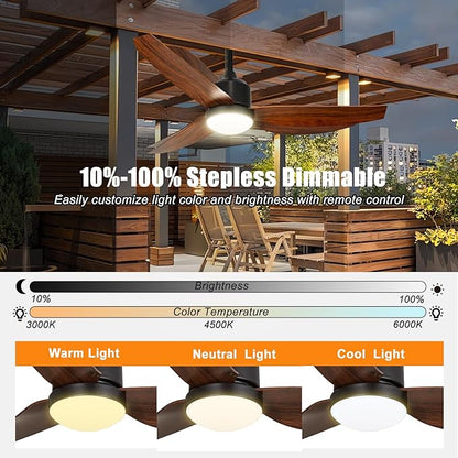 Depuley Outdoor Ceiling Fan with Light: 52 Inch Gazebo Fan Outdoor Hanging - Plug in Fan for Patio Waterproof - Dimmable Fans with Lights Remote App Control - Walnut