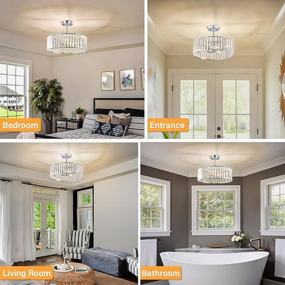 YURNYQ Chrome Crystal Ceiling Light Fixture, Modern Semi Flush Chandelier, Round Hanging Lighting Chandeliers for Dining Room, Kitchen, Bedroom, 3-Light, 15.74 Inch