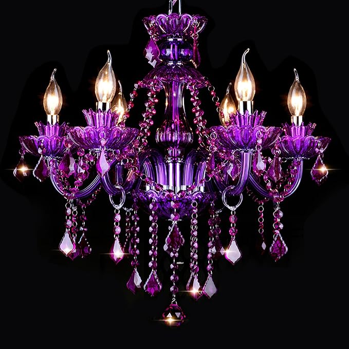 Bagood Purple 6 Lights K9 Crystal Candle Chandeliers Lighting Candle Chandelier Lighting Modern Pendant Lights Crystal Modern Chandelier for Dining Living Room Bedroom E12 Base, H22 x W23.6 Inch