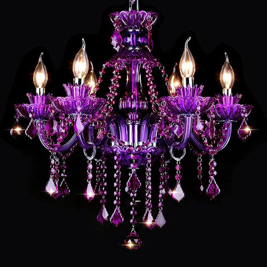 Bagood Purple 6 Lights K9 Crystal Candle Chandeliers Lighting Candle Chandelier Lighting Modern Pendant Lights Crystal Modern Chandelier for Dining Living Room Bedroom E12 Base, H22 x W23.6 Inch