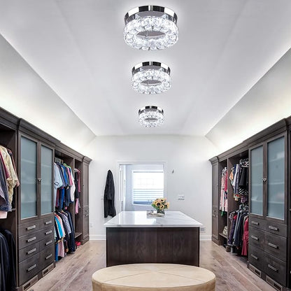 9.8" Crystal Flush Mount Ceiling Light Fixtures LED Round Mini Chandelier Light Fixture Ceiling Lamp for Kitchen Hallway Foyer 15 W 6000K Cool White