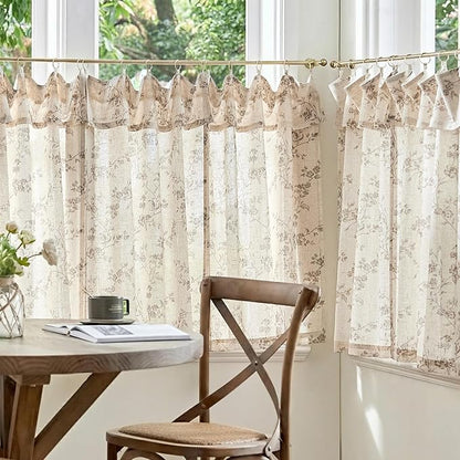 jinchan Floral Linen Kitchen Curtains with Attached Valance 36 Inch Length Farmhouse Cafe Tier Curtains for Living Room Bathroom Rustic Half Window Light Filtering Small Drapes 2 Panels Taupe