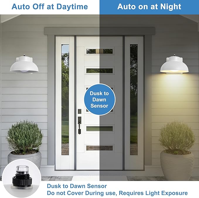 LED Outdoor Wall Lights, 2 Pack Dusk to Dawn LED Porch Light 12W Integrated 3000K Farmhouse Barn Style White Metal Wall Mount Light Hardwired for Porches, Garages, Patios, Sheds, Driveways, Walkways