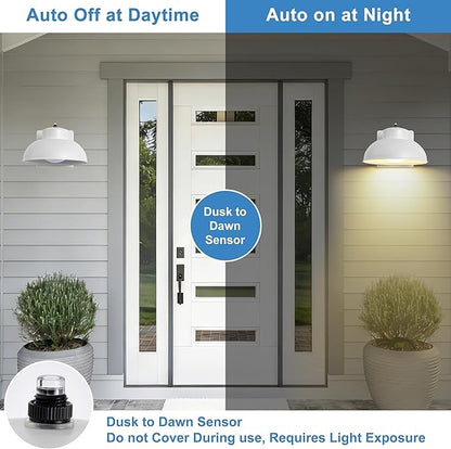 LED Outdoor Wall Lights, 2 Pack Dusk to Dawn LED Porch Light 12W Integrated 3000K Farmhouse Barn Style White Metal Wall Mount Light Hardwired for Porches, Garages, Patios, Sheds, Driveways, Walkways