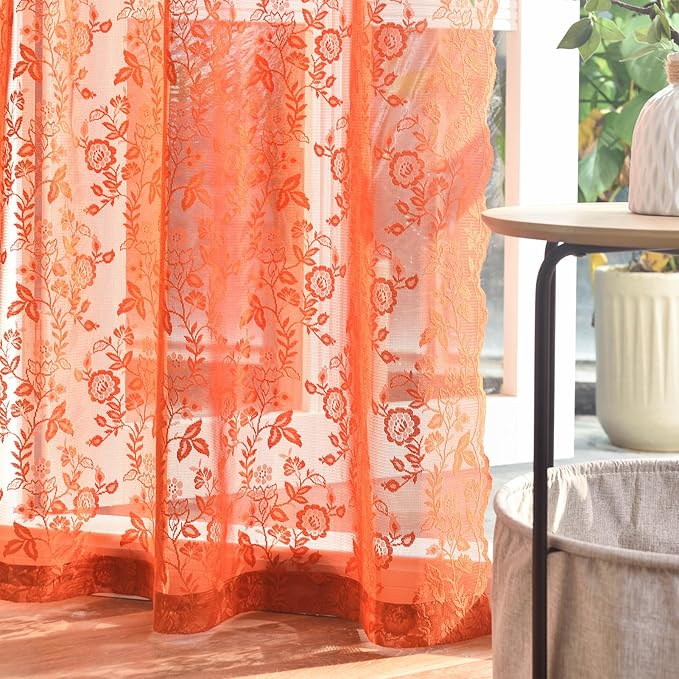 Burnt Orange Sheer Curtains 63 Inch Length for Bedroom 2 Panels Rustic Leaf Floral Scalloped Edge Vintage Rust Sheer Lace Curtains, Rod Pocket Privacy Window Lacy Curtain Drapes, 42 x 63 Inch