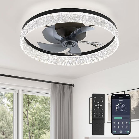 LEDIARY 22 Inch Ceiling Fans with Lights and Remote, Fandelier Low Profile Ceiling Fan, 3000K-6000K Dimmable Flush Mount LED Fan Light, Black Modern Ceiling Fans with Lights for Bedroom