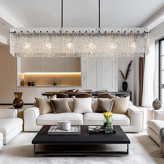 Modern Black Rectangle Chandelier, 48" Dining Room Chandelier with Water Ripple Glass, Linear Crystal Chandeliers for Dining Room, Living Room, Kitchen Island