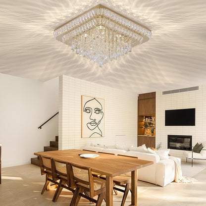 COCOSTAR Crystal Chandeliers, Modern Led Luxury Chandelier, 34" Suqare Flush Mount Chandelier Ceiling Light, Raindrop Chandeliers for Dining Room, Living Room, Bedroom, Gold