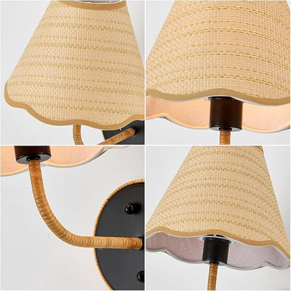 Elycucpa 11” Boho Hand Woven Rattan Wall Sconces Set of Two Rustic Industrial Wall Lamp Black Farmhouse Wall Lights for Bedroom Living Room Hallway Vanity, UL Listed