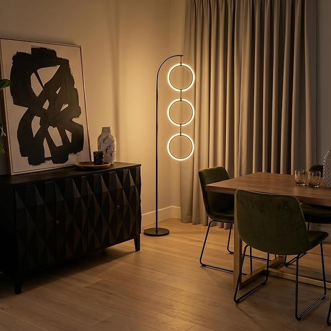 Brightech Nova Modern Floor Lamp Matches Living Room Décor - Contemporary Arc Tall Lamp with 3-Circle Ring-Style Pendant - Over The Couch Standing on Arching Pole - Eclectic- Black