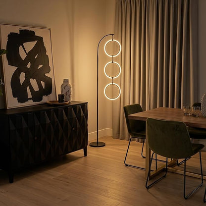 Brightech Nova Modern Floor Lamp Matches Living Room Décor - Contemporary Arc Tall Lamp with 3-Circle Ring-Style Pendant - Over The Couch Standing on Arching Pole - Eclectic- Black