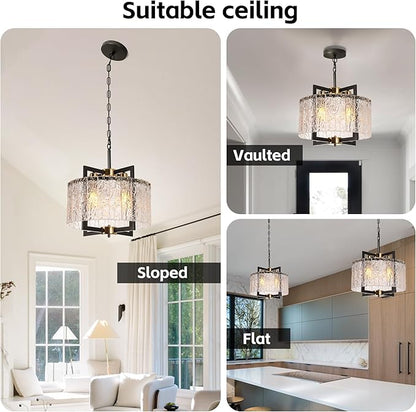 Black Chandeliers for Dining Room,16" Modern Water Ripple Glass Chandelier, Adjustable Height, Elegant Round Crystal Pendant Light Fixture for Kitchen Island Foyer Entryway