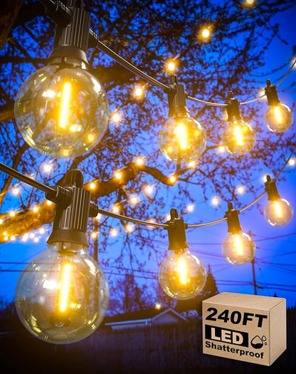 Zuske Outdoor String Lights Waterproof, 240FT Patio Lights with 124 Shatterproof G40 Globe Bulb(4 Spare), Connectable Dimmable Hanging LED String Lights for Outside Backyard Porch Balcony(120FTx2)