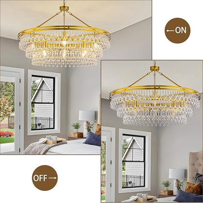 Wellmet 12 Light Large Crystal Chandelier, 38in Brass Gold Round Modern Luxury Raindrop Ceiling Light for Dining Room, Living Room， Bedroom, Kitchen, Entryway, Hallway, Staircase, Foyer