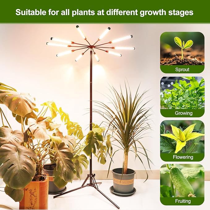 FECiDA 2026 10Head Grow Lights with Upgraded Stand, Big Coverage Grow Lights for Indoor Large Plants, Bonsai Tree, 4/8/12/16/20 Hr Timer, 90 Watt Power Draw, NO Need Adapter, 24"-76" Height Adjustable