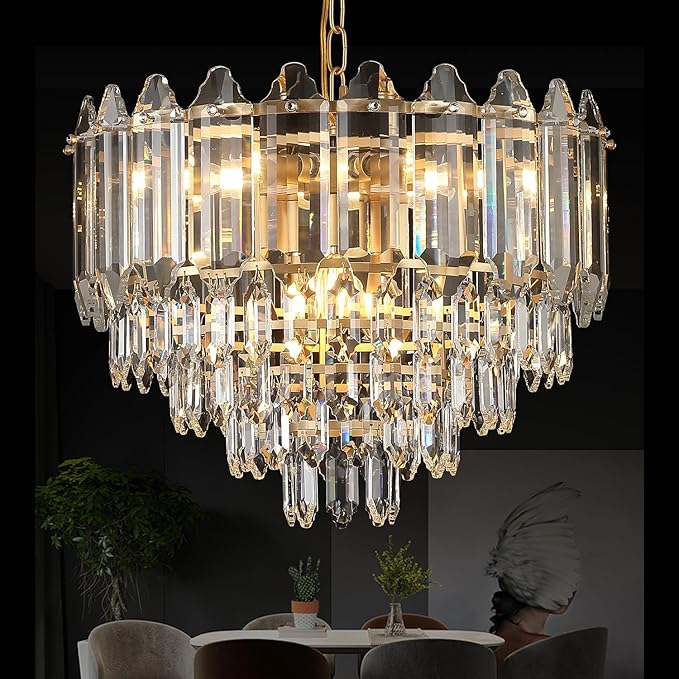 20" Gold Crystal Chandelier Modern 9-Light Luxury Chandelier Light Fixtures 5 Tiers K9 Crystal Round Lighting for Dining Room Bedroom Kitchen Island Living Room Foyer Entryway, E12