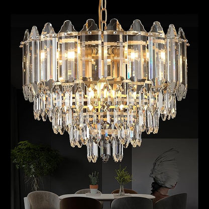 20" Gold Crystal Chandelier Modern 9-Light Luxury Chandelier Light Fixtures 5 Tiers K9 Crystal Round Lighting for Dining Room Bedroom Kitchen Island Living Room Foyer Entryway, E12