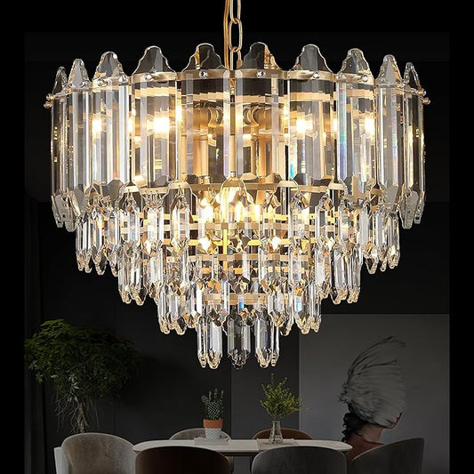 20" Gold Crystal Chandelier Modern 9-Light Luxury Chandelier Light Fixtures 5 Tiers K9 Crystal Round Lighting for Dining Room Bedroom Kitchen Island Living Room Foyer Entryway, E12