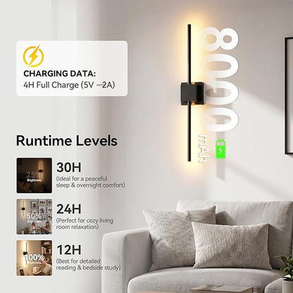 Battery Operated Wall Sconces Set of 2, 𝐔𝐩𝐠𝐫𝐚𝐝𝐞𝐝 8000mAh Rotatable Picture Lights with Remote Control, Dimmable 3000-6500K LED Rechargeable Wall Lights for Living Room Bedroom Mirror, 28.3In