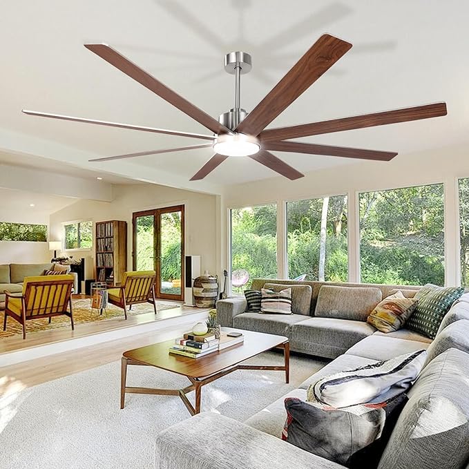 Minislak 72Inch Large Brushed Nickel Ceiling Fans with Light and Remote Control,8 Wooden Blades,6-Speeed,3CCT,Quiet Reversible DC Motor,Indoor Outdoor Ceiling Fan for Patio/Living Room/Garden