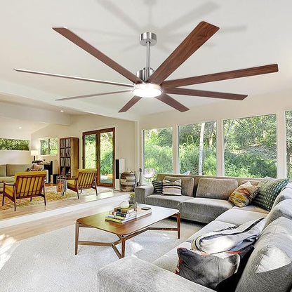Minislak 72Inch Large Brushed Nickel Ceiling Fans with Light and Remote Control,8 Wooden Blades,6-Speeed,3CCT,Quiet Reversible DC Motor,Indoor Outdoor Ceiling Fan for Patio/Living Room/Garden