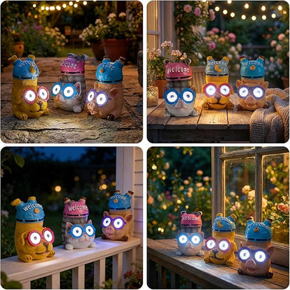 pearlstar 3 Pack Solar Lights Outdoor Garden Statues Resin Animal with Welcome Sign, Cat Dog Pig Solar Figurines LED Lights Waterproof Outside Decor for Patio Yard, Mothers Day Gifts for Mom Grandma
