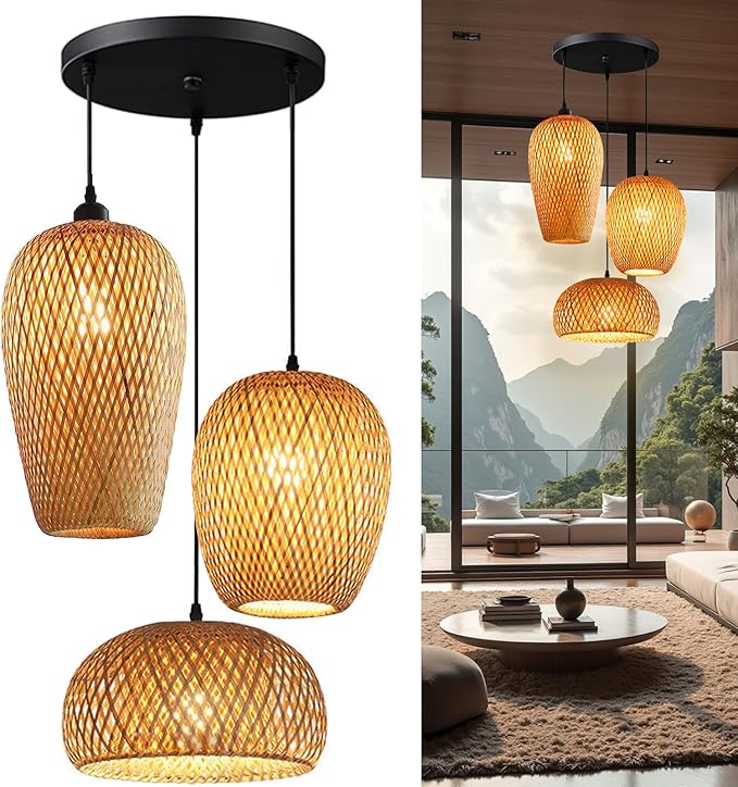 GWY Bamboo Pendant Lights, 3 Headlights E26 E27 Retro Rustic Yellow Bamboo Wicker Rattan Woven Chandelier Lamp Shade Light Fixture Ceiling Hanging Light for Bedroom Restaurant Cafe Farmhouse Teahouse