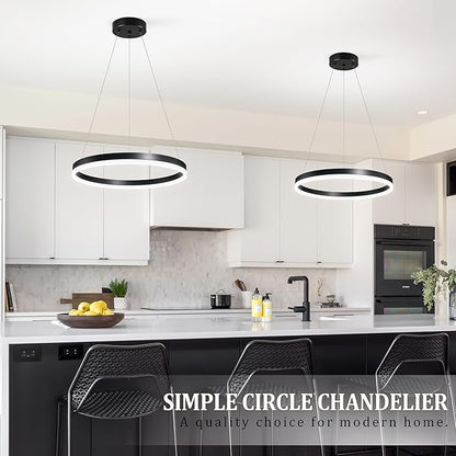 20" Modern Black Led Chandelier Ring Dimmable LED Chandeliers with Remote Control for Kitchen Island Height Adjustable Chandelier Led Pendant Light for Living Room Dining Room Bedroom Foyer