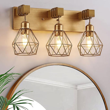 Farmhouse Bathroom Light Fixtures, 3-Light Gold Bathroom Vanity Light, Rustic Matte Antique Brass Finish with Metal Lampshade, Wall Sconces for Bedroom, Living Room, Hallway