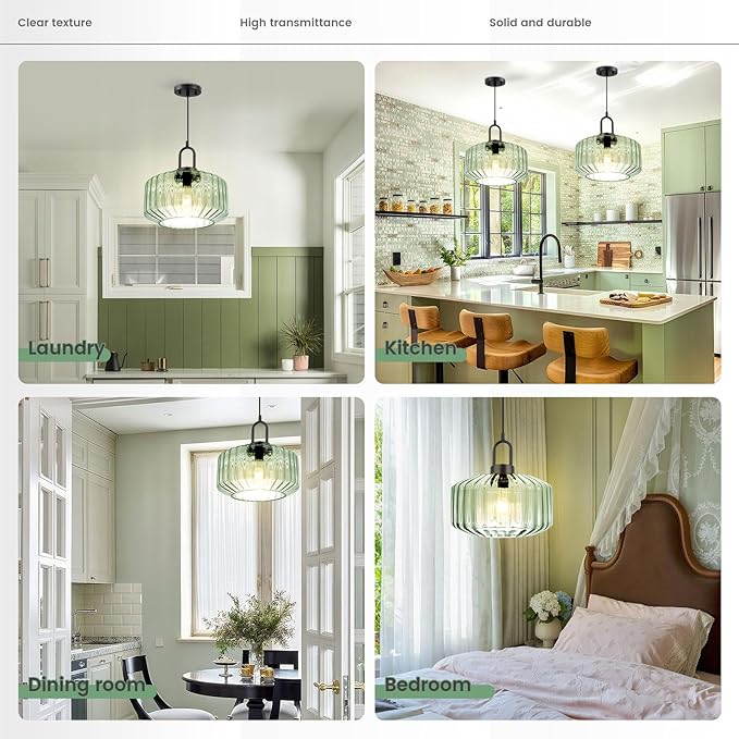2-Lights Modern Hanging Light Green Pendant Light Fixtures Mid Century Large Glass Pendant Lights 11" Striped Glass Shade Black Schoolhouse Kitchen Sink Ceiling Hanging Lamp Fixture