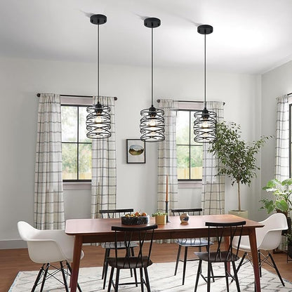 3-Pack Spiral Glass Pendant Lights Kitchen Island Mini Black Pendant Light Modern Metal Cage Handblown Seeded Glass Ceiling Hanging Lamp Adjustable Cord for Dining Room Foyer Hallway, E26