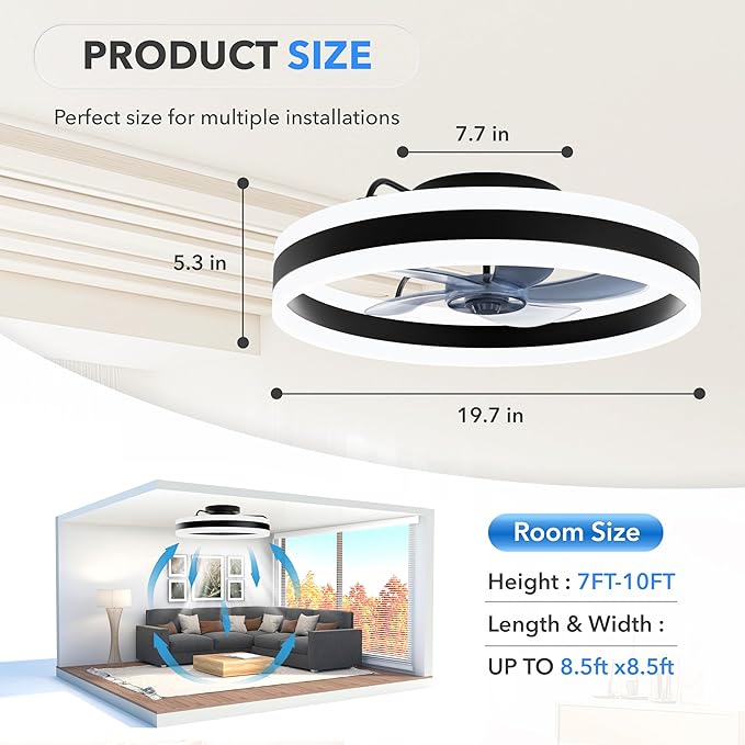 Simple Deluxe Ceiling Fan with Light 20in Low Profile Ceiling Fans with Lights and Remote Dimmable with 6 Wind Speeds Flush Mount Fandelier LED Fan Light Modern Smart for Bedroom, Black